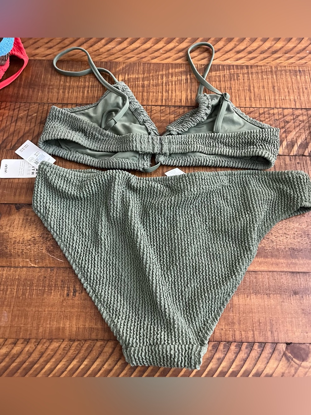 NWT Aerie FULL SET Shimmery Crinkle Lace Up Top + Cheekiest Tie Bottom Olive 🫒 M - Picture 5 of 6